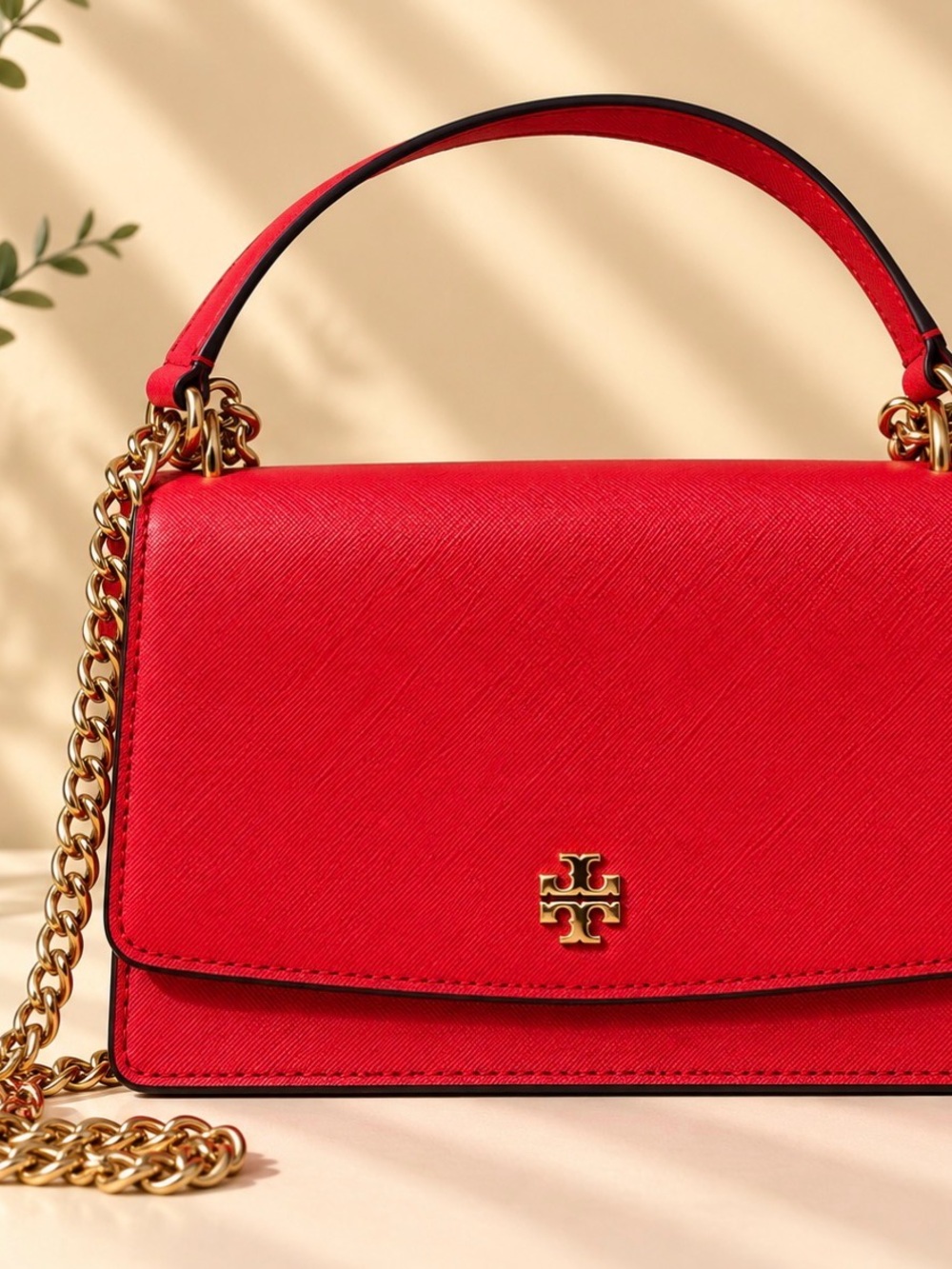 Tory Burch Red Saffiano Leather Shoulder Bag with Gold Chain